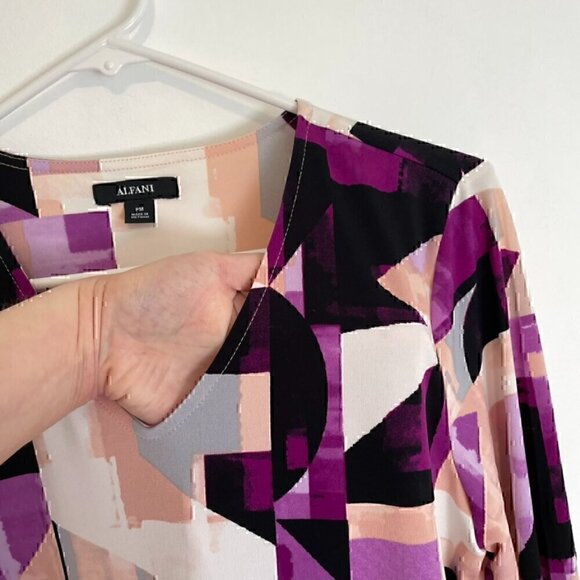 ALFANI Printed Tie Sleeve Blouse Pink Purple Geometric 3/4 Sleeve PETITE Medium - Picture 6 of 15